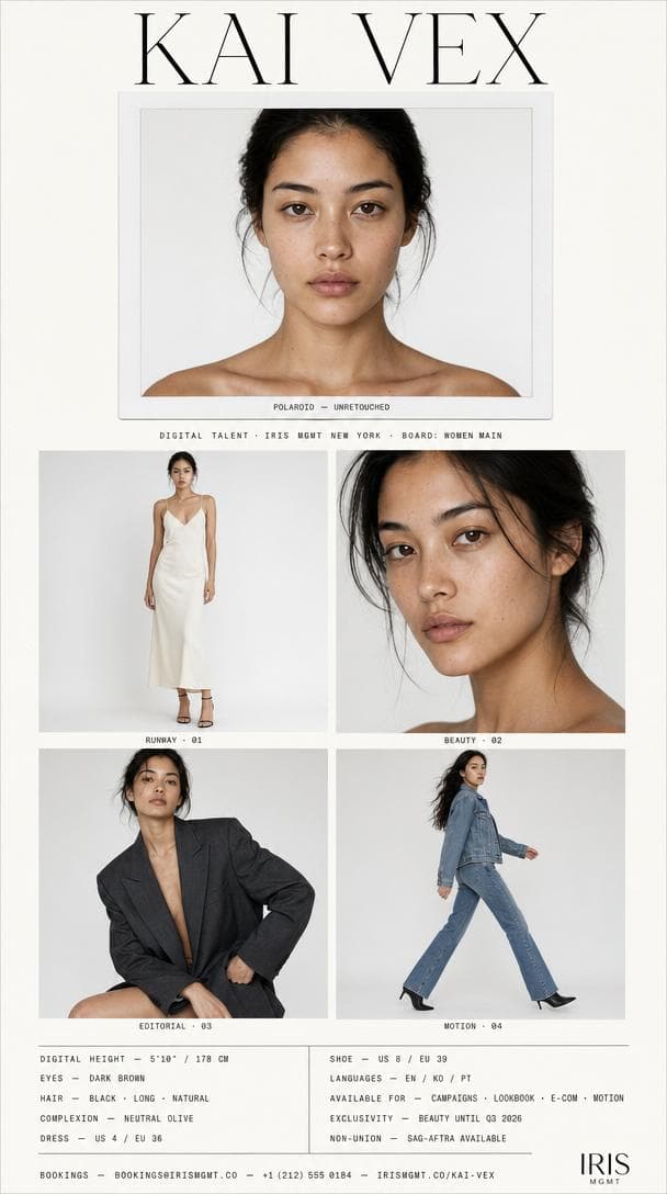 IRIS MGMT modeling agency comp card for digital talent Kai Vex
