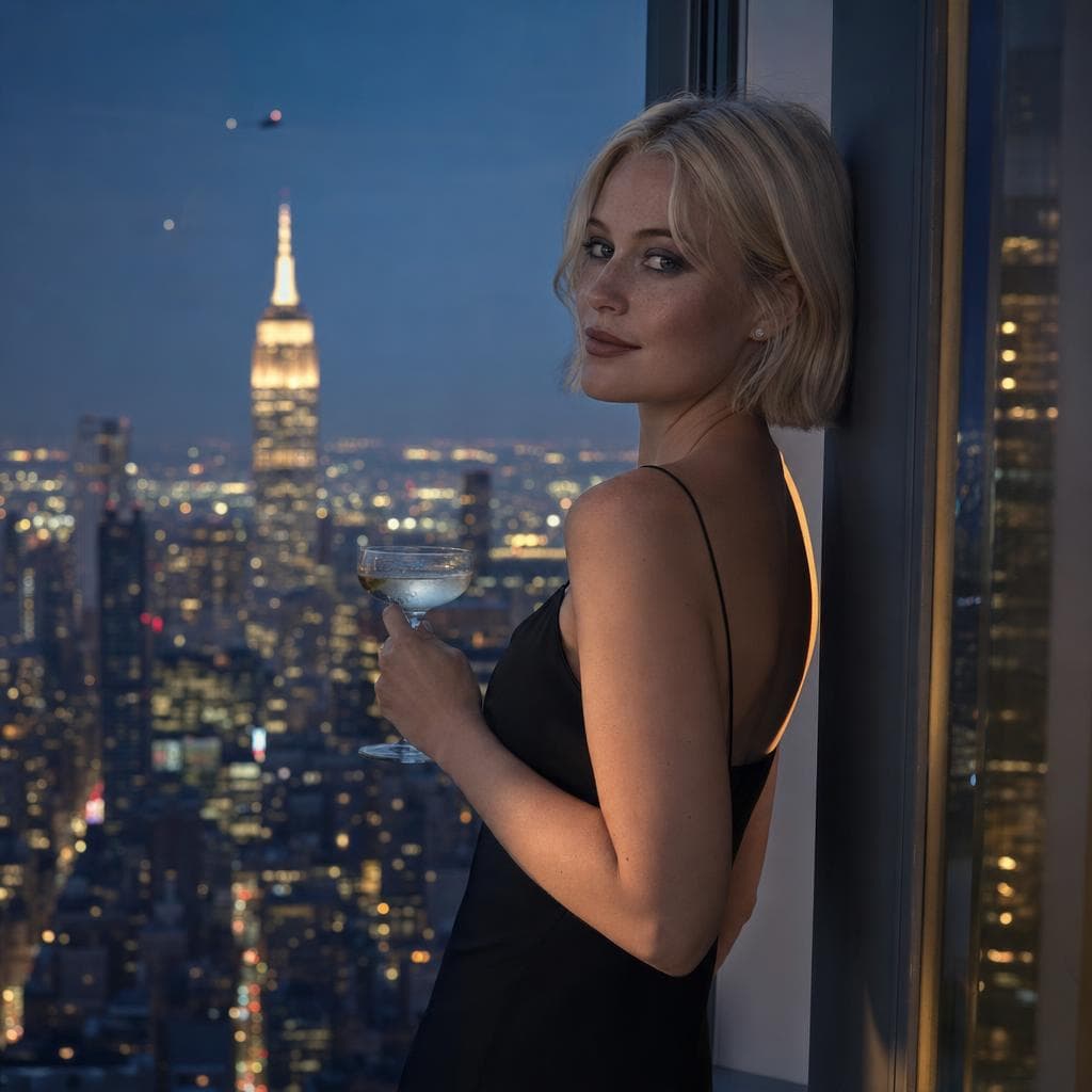 AI character in Manhattan penthouse at blue hour